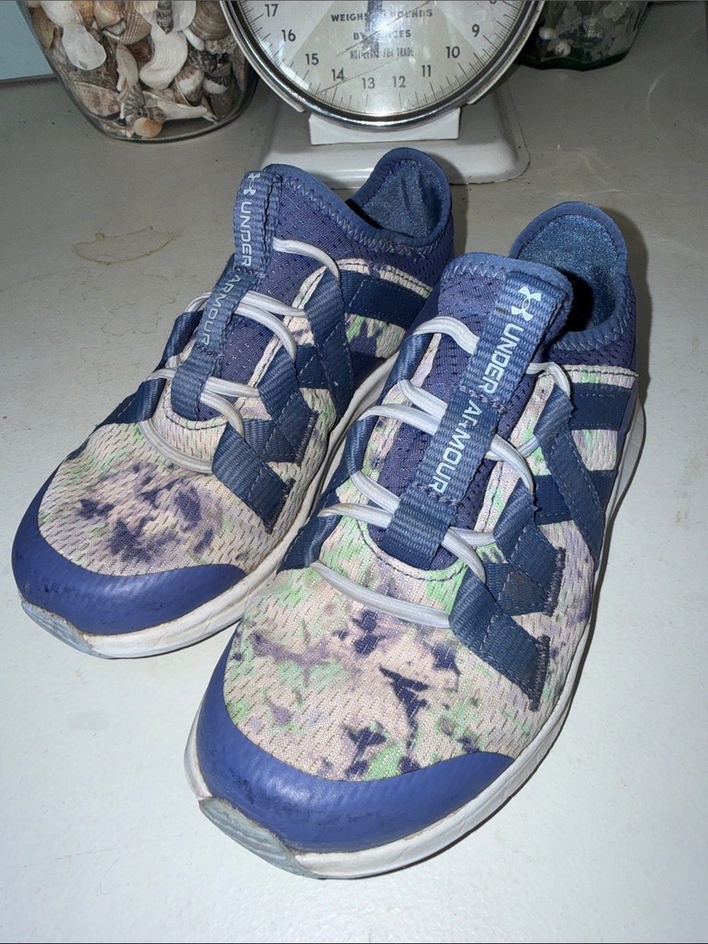Size 12 Under Armour Girls' Lightweight Athletic Sneakers in Blue Pastel Tie-Dye